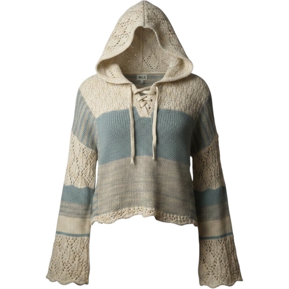 BKE Buckle Womens M Openwork Crochet Knit Hooded Sweater Boho Oversized Crop